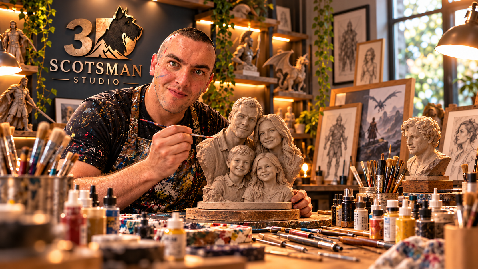 Gary at 3D Scotsman Studio painting a custom family sculpture