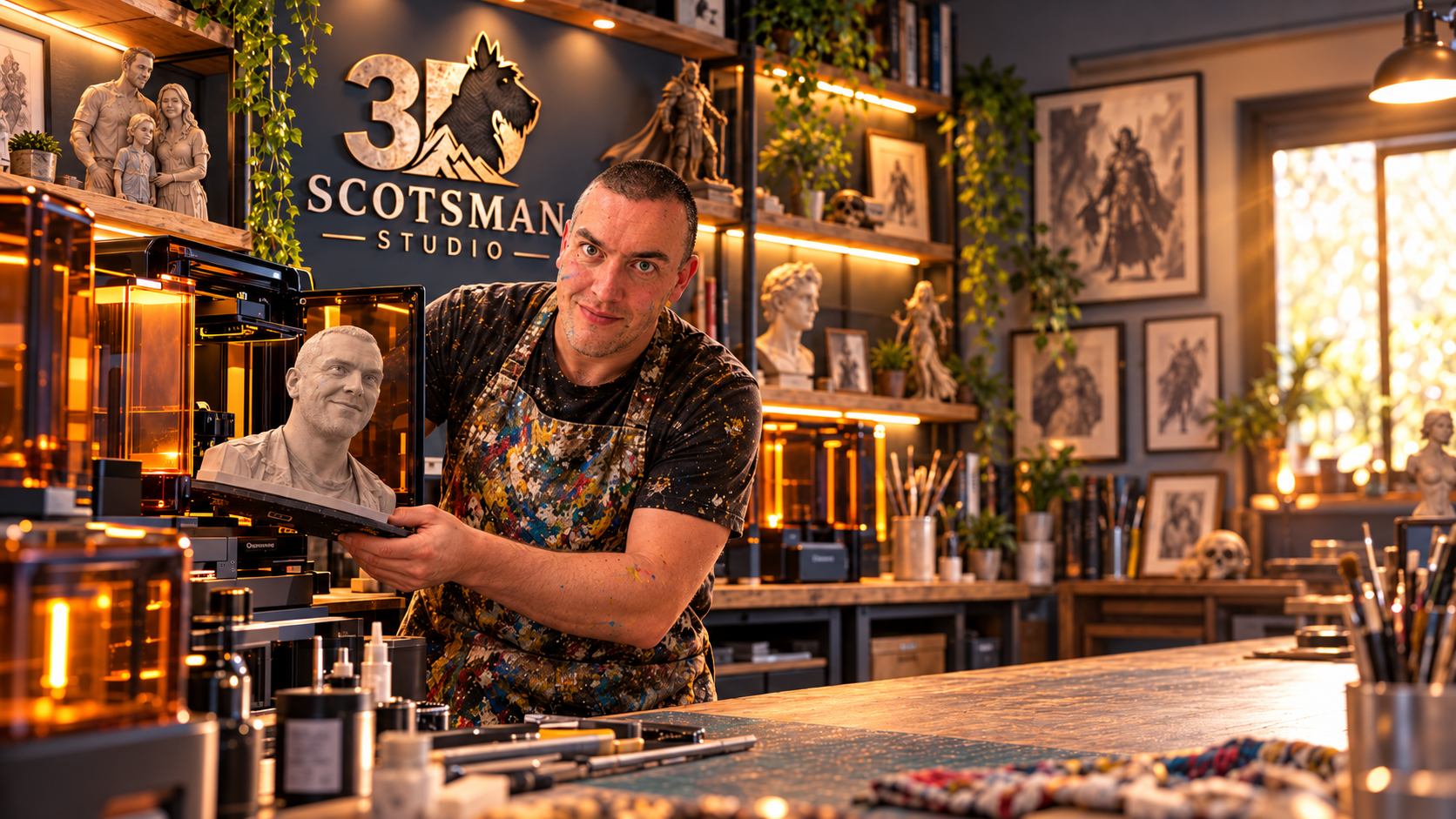 Gary lifting a freshly printed portrait bust from the 3D printer at 3D Scotsman Studio